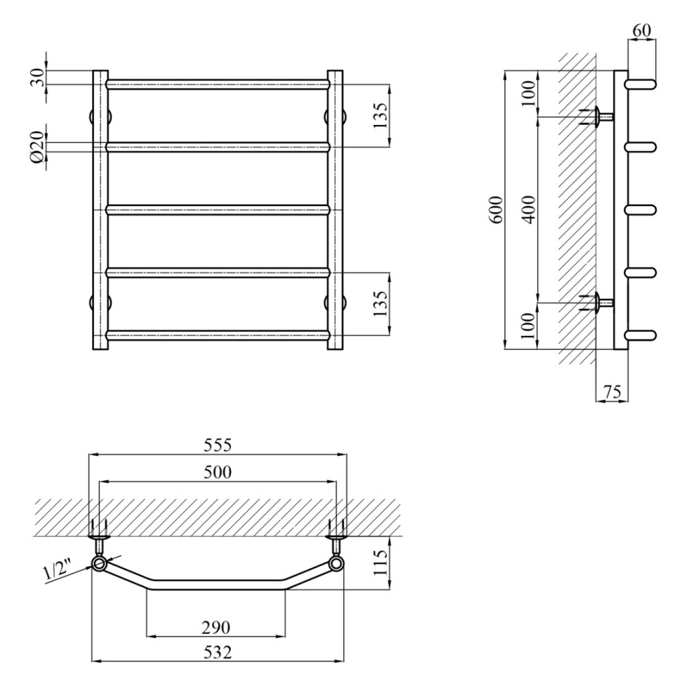 Сушарка для рушників водяна Kroner KRP Diva WT600x500-5 (CV036303)