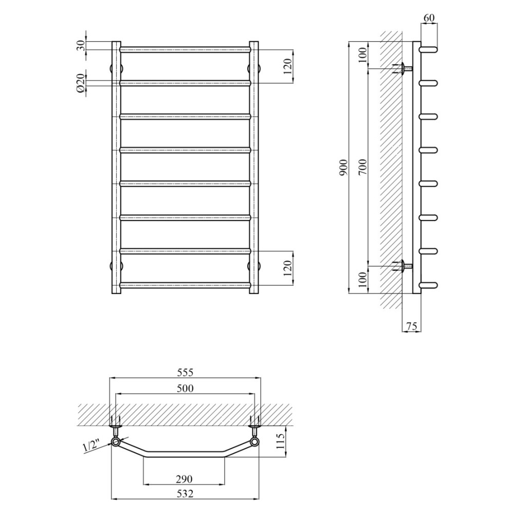Полотенцесушитель водяной Kroner KRP Diva WT900x500-8 (CV036306)