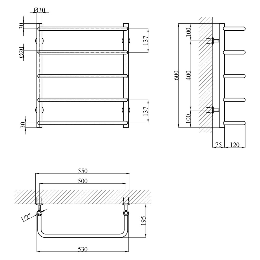 Сушарка для рушників водяна Kroner KRP KRP Stil WT600x500-5 (CV036313)