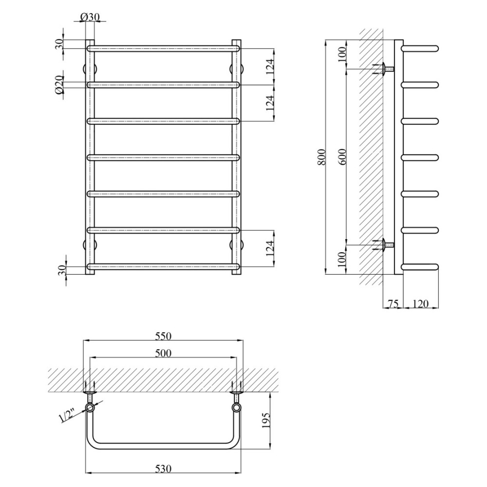 Сушарка для рушників водяна Kroner KRP Stil WT800x500-7 (CV036315)