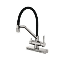 Смеситель для кухни Koer KB-74027-02 с функцией "водопад" и черным силиконовым изливом (KR5201)