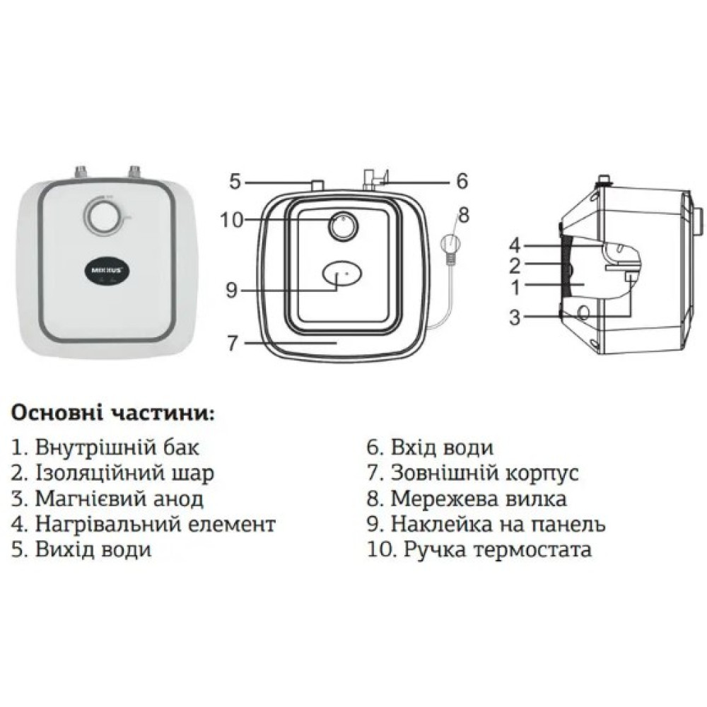 Водонагрівач Mixxus EWH-0615 Small Under під мийкою 15 л, 1500 Вт, "мокрий" ТЕН, вертикальний, квадратний, білий (WH0008)