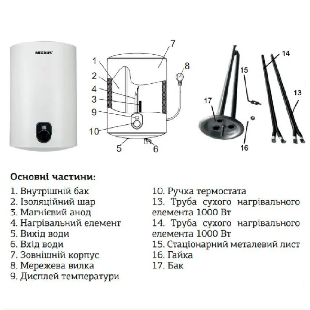 Водонагрівач Mixxus EWH-01100 Round Dry 100 л, 2,0 кВт, "сухий" ТЕН, вертикальний, циліндричний, білий (WH0011)