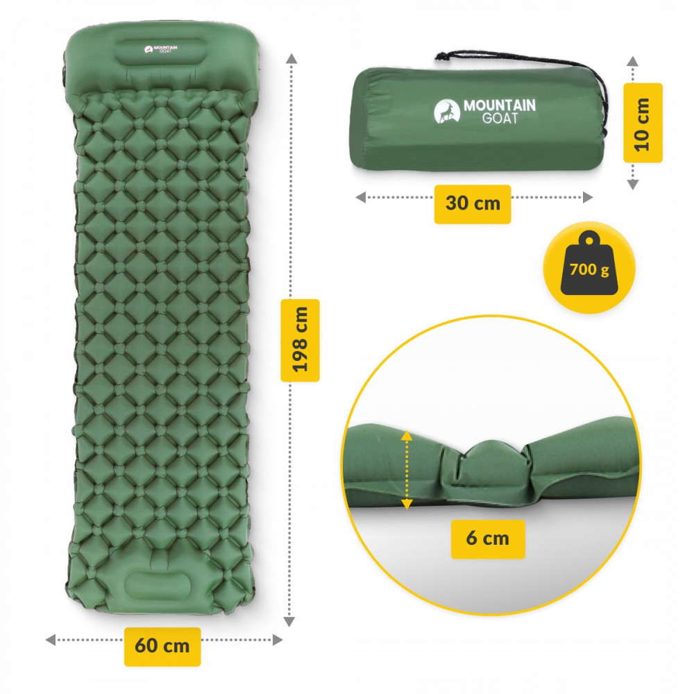 Надувний килимок (каремат) Mountain Goat 190 x 58 x 5 см з вбудованим насосом MG0010 Navy Green (P-5905973400909)