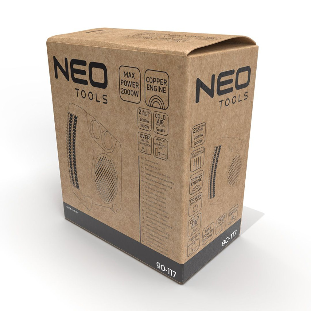 Тепловентилятор электрический Neo Tools 2,0 кВт, площадь обогрева 25 кв.м., белый, напольный (90-117)