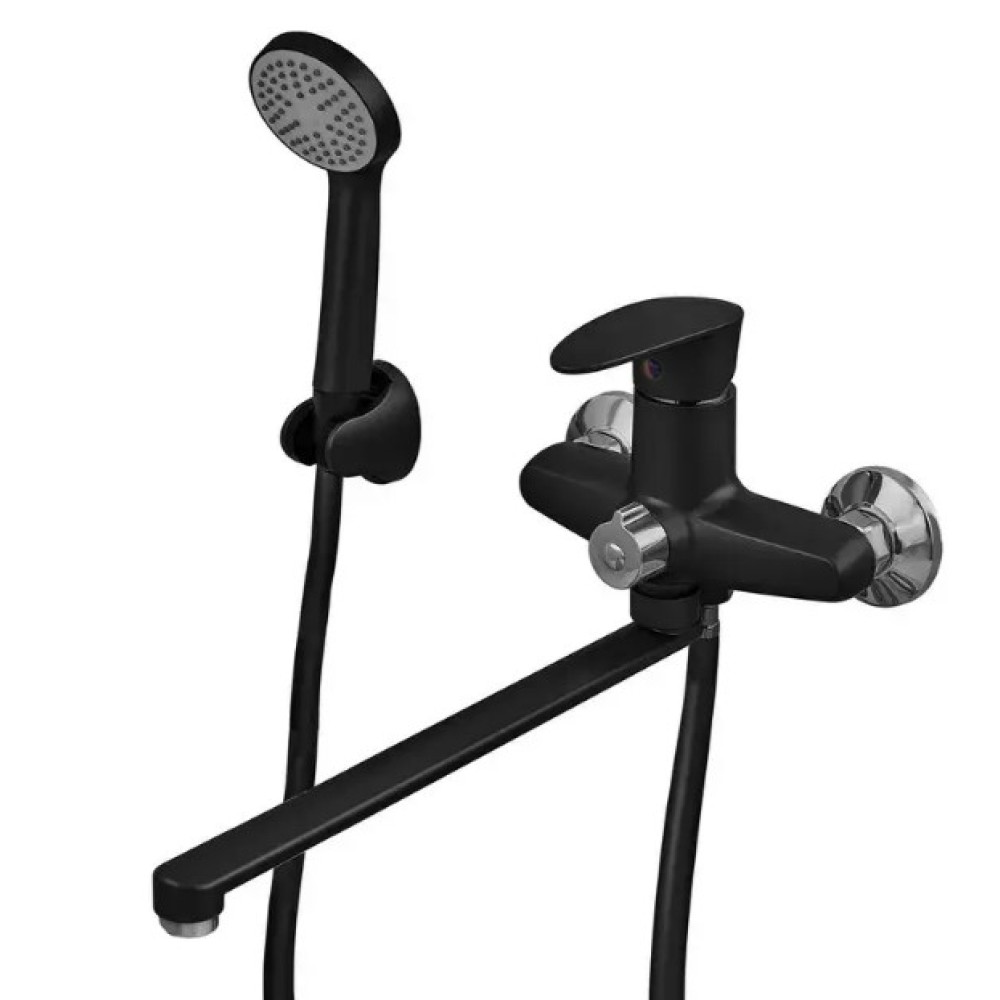 Змішувач для ванни Plamix CEZAR-006 EURO SET Matte black, зі шлангом, лійкою та кронштейном (PM0690)