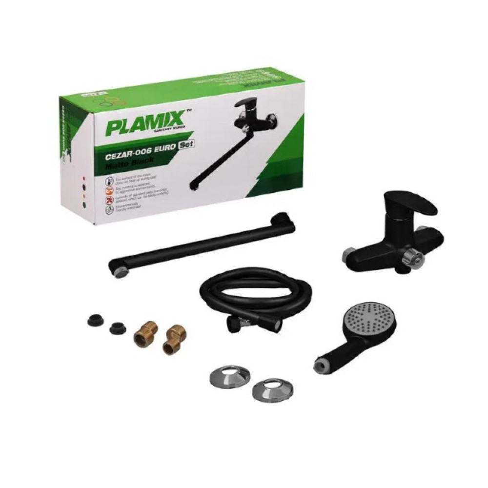 Змішувач для ванни Plamix CEZAR-006 EURO SET Matte black, зі шлангом, лійкою та кронштейном (PM0690)