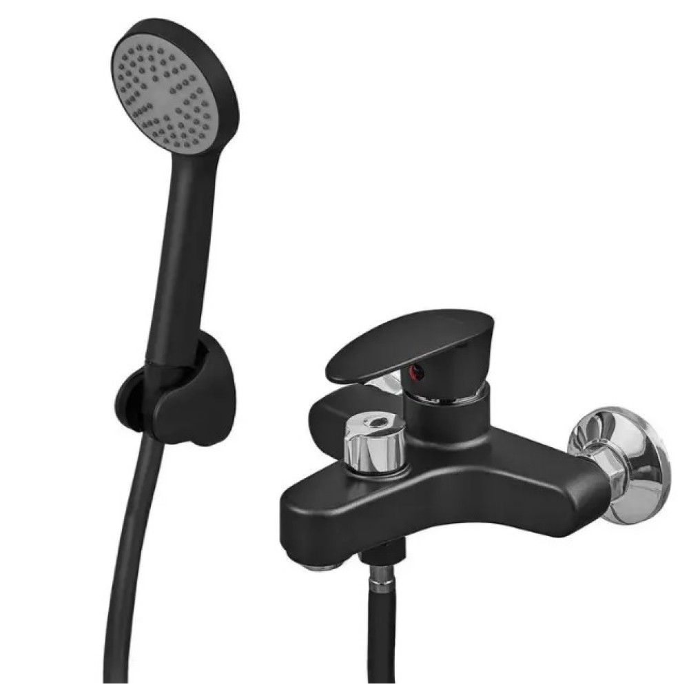 Змішувач для ванни Plamix CEZAR-009 EURO SET Matte black, зі шлангом, лійкою та кронштейном (PM0693)