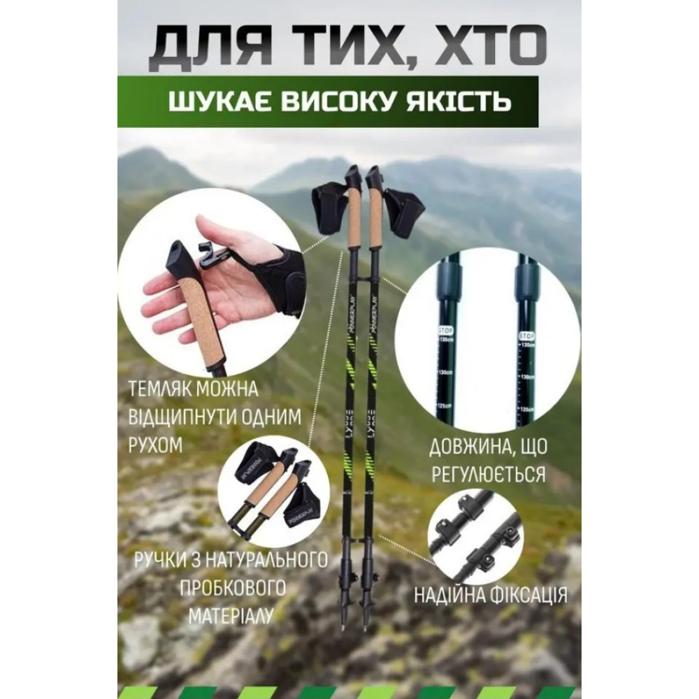 Палки для скандинавской ходьбы PowerPlay 9111 Lykke Green 80-135 см (пара) + 2-и пары сапог + чехол (PP_9111_Green)