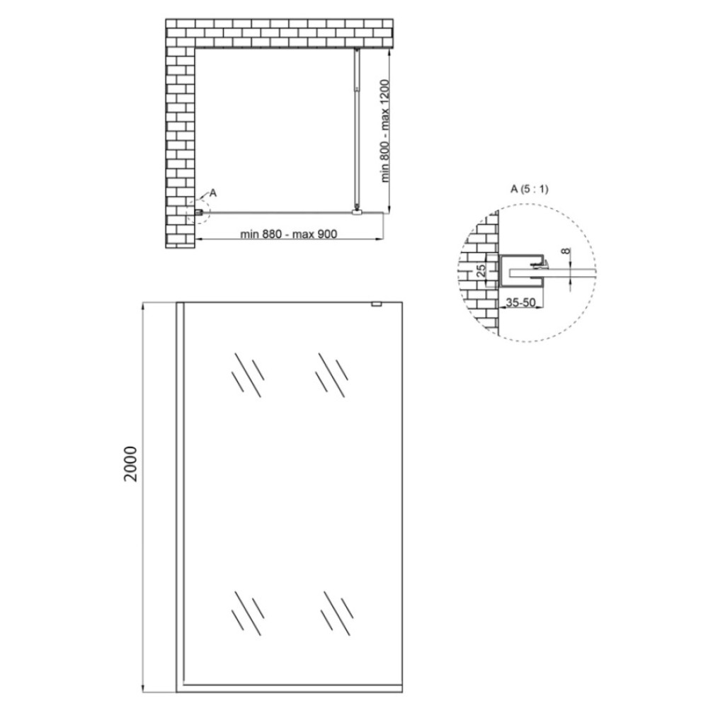 Душевая перегородка Qtap Walk-In Standard BLM209.C8 90х200 см, стекло Clear 8 мм, покрытие CalcLess