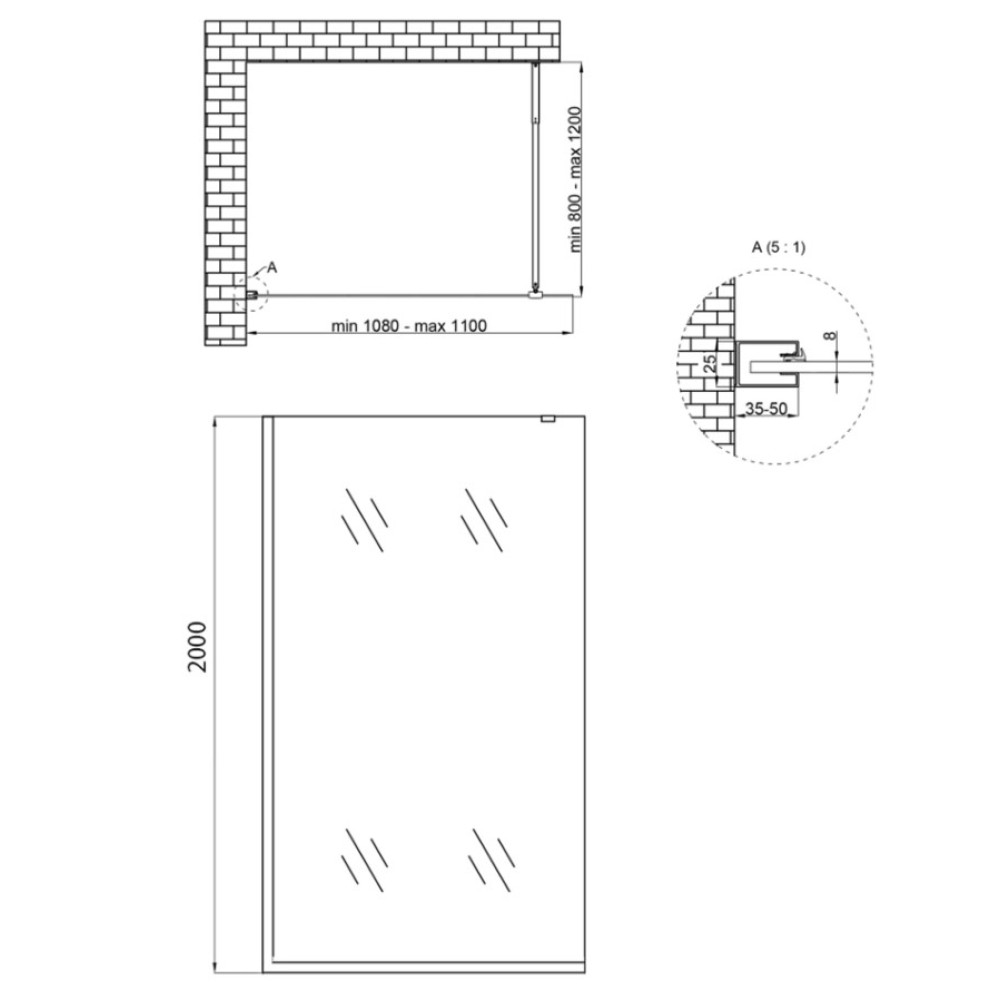 Душова перегородка Qtap Walk-In Standard BLM2011.C8 100х200 см, скло Clear 8 мм, покриття CalcLess