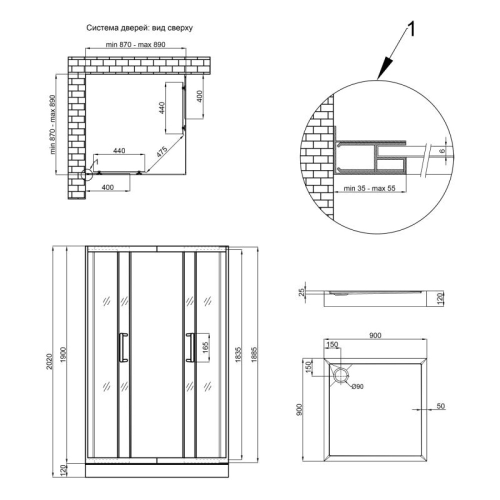 Душова кабіна Qtap Taurus BLA1099SC6 Clear 2020x900x900 мм + піддон Tern 309912C 90x90x12 см із сифоном