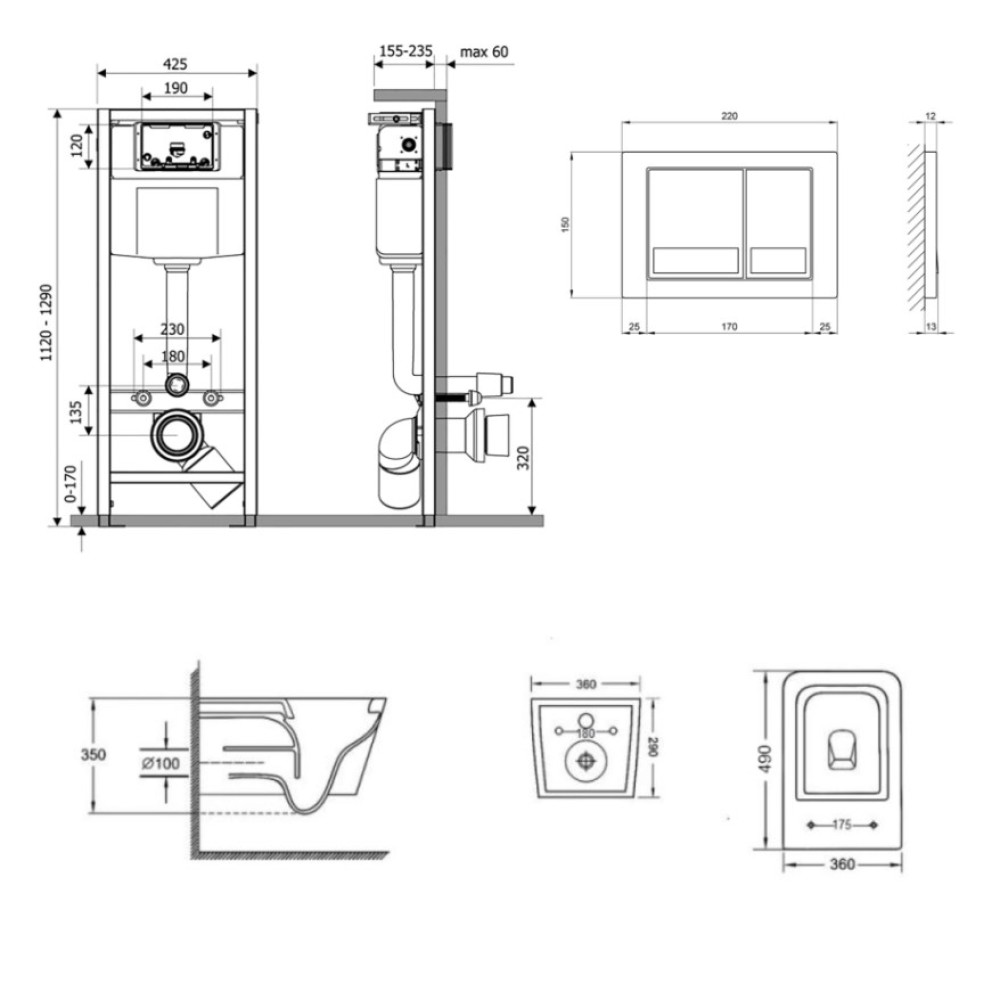 Набор Qtap Nest 4 в 1 подвесной унитаз Tern Ultra Quiet 525x345x360 + комплект установки QT17332303AW47508