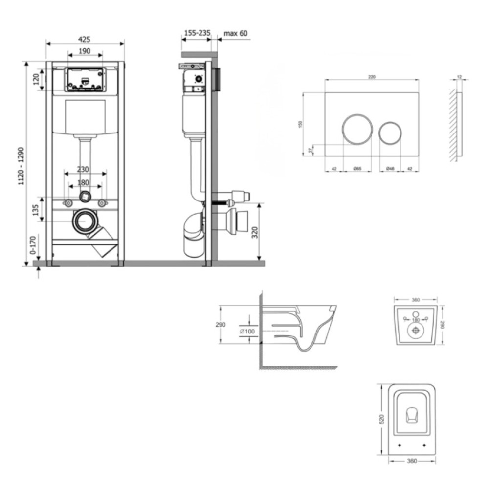 Набор Qtap Nest 4 в 1 подвесной унитаз Crow Ultra Quiet 520x360x290 + комплект установки QT05335172W48190