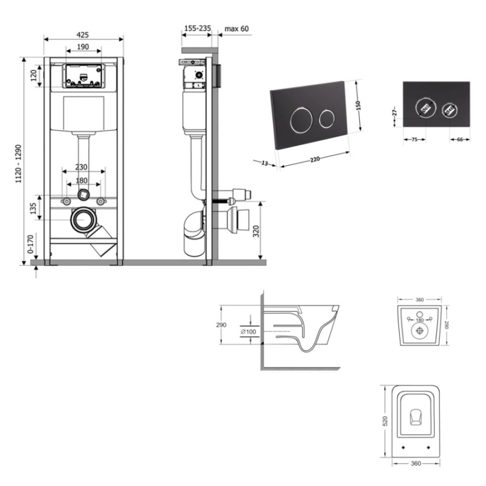 Набор Qtap Nest 4 в 1 подвесной унитаз Crow Ultra Quiet 520x360x290 + комплект установки QT05335172W48193