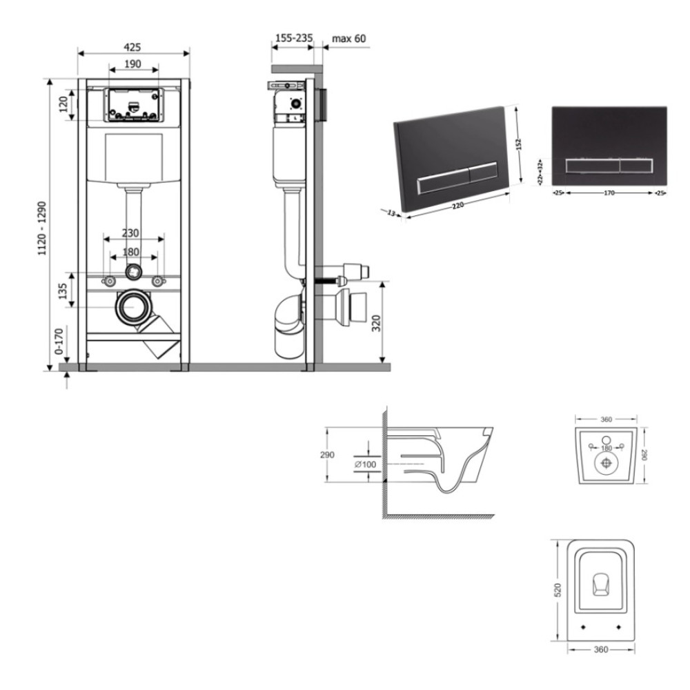 Набор Qtap Nest 4 в 1 подвесной унитаз Crow Ultra Quiet 520x360x290 + комплект установки QT05335172W48196