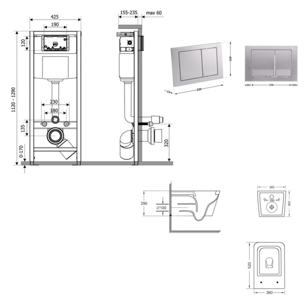 Набор Nest 4 в 1 Qtap подвесной унитаз Crow Ultra Quiet 520x360x290 + комплект установки QT05335172W48205