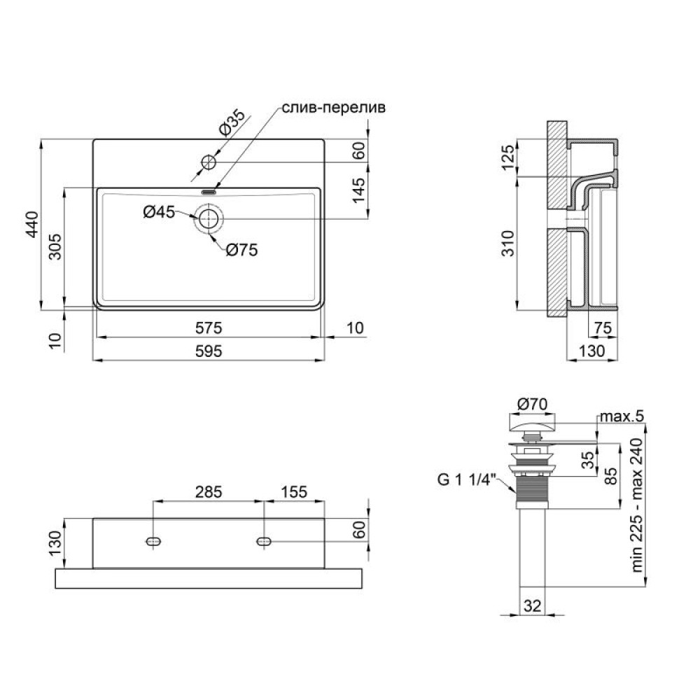 Раковина Qtap Nando LT Matt black з донним клапаном QT12112173MBMB