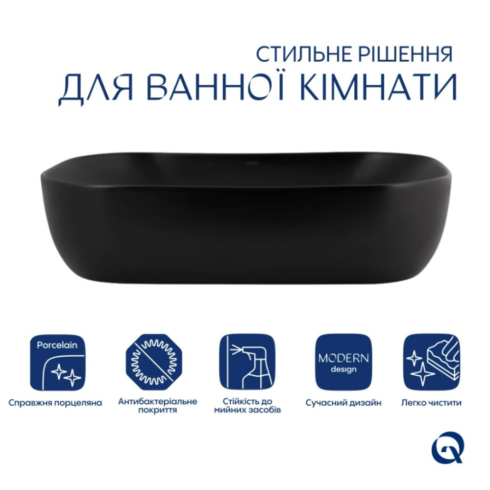 Раковина накладна Qtap Robin 600x390x150 мм, Matt Black, прямокутна, без донного клапана QT132143PMBMBN