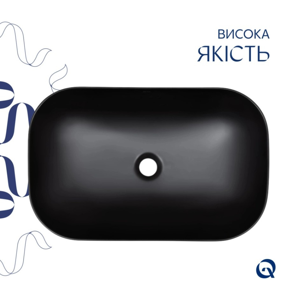 Раковина накладна Qtap Robin 600x390x150 мм, Matt Black, прямокутна, без донного клапана QT132143PMBMBN