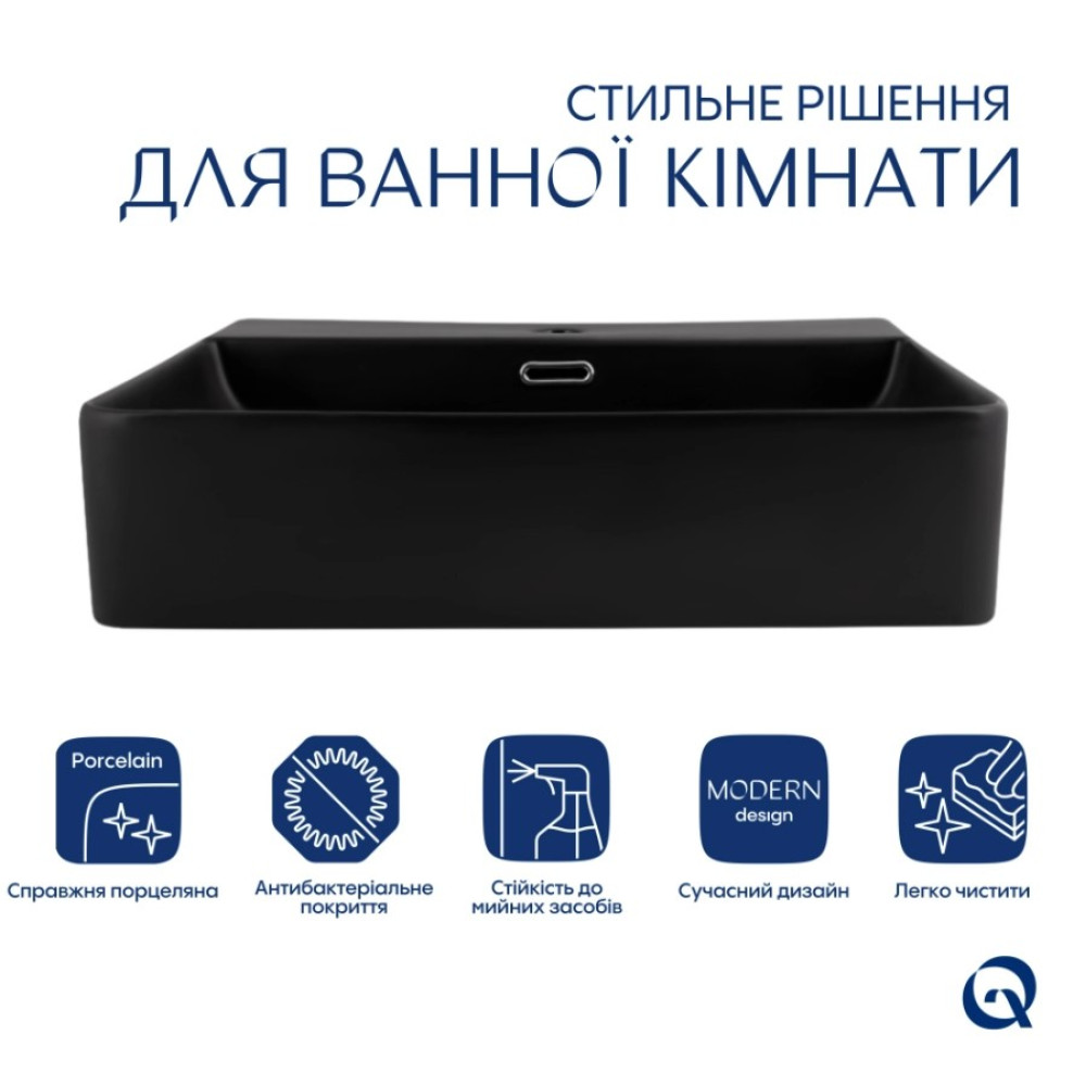 Раковина підвісна Qtap Nando LT 500х420х130 Matt Black без донного клапана QT12116146AMB