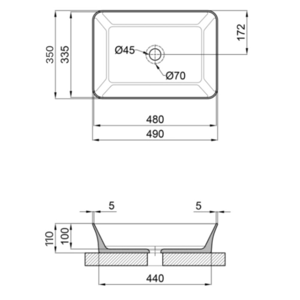 Раковина накладна Qtap Virgo 490х350х110 мм, White, прямокутна, без донного клапана QT18112261WN