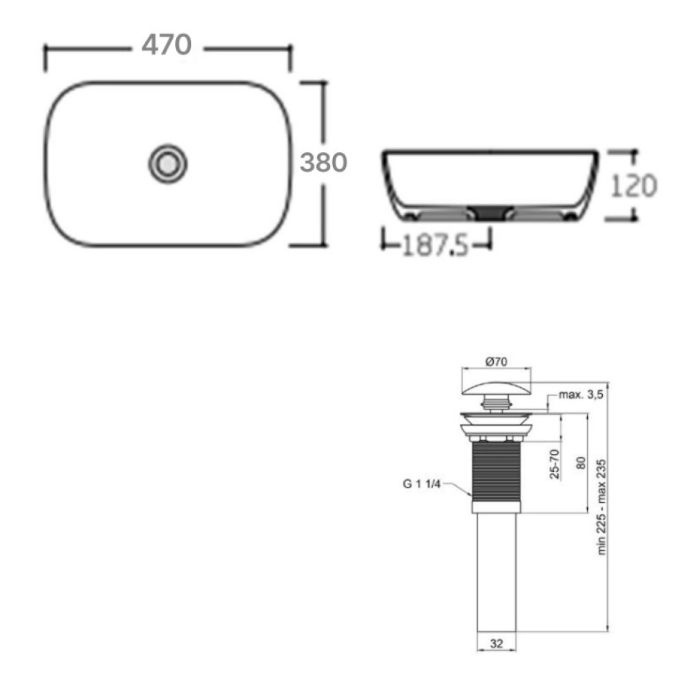 Комплект Qtap Aquarius: Раковина накладная прямоугольная 470x380x120 мм White + Донный клапан PU02 (QT21112185WN47295)