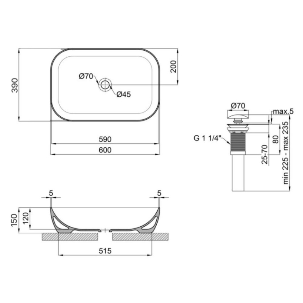 Комплект Qtap Robin: Раковина накладная прямоугольная 600x390x150 мм White + Донный клапан PU02 (QT13112143PWN47297)