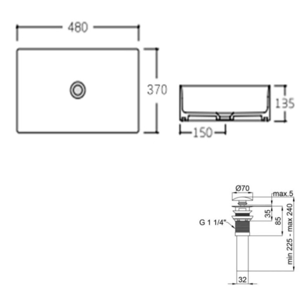 Комплект Qtap Tern: Раковина накладная прямоугольная 480х370х135 мм Matt Black + Донный клапан PU03 (QT172074MBMBN47300)