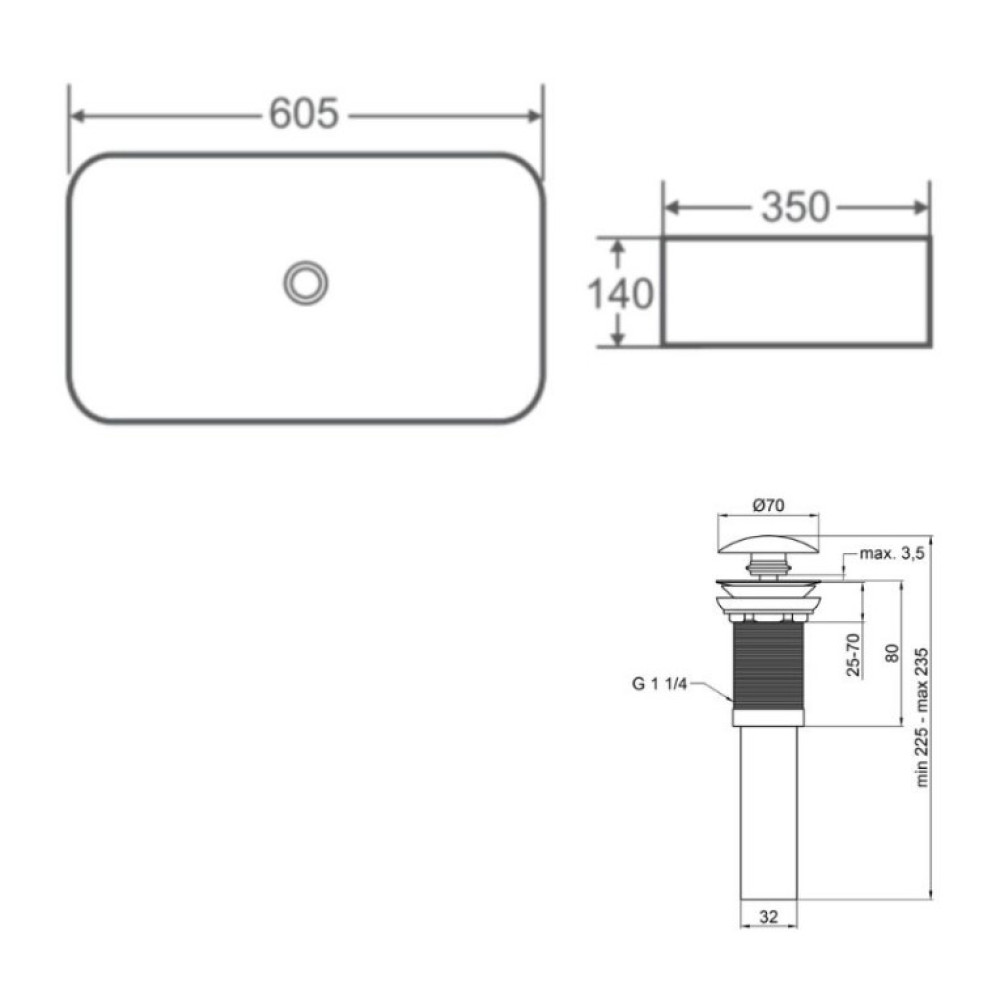 Комплект Qtap Tern: Раковина накладна прямокутна 610x350x135 мм WHITE + Донний клапан PU02 (QT17112270WN47304)