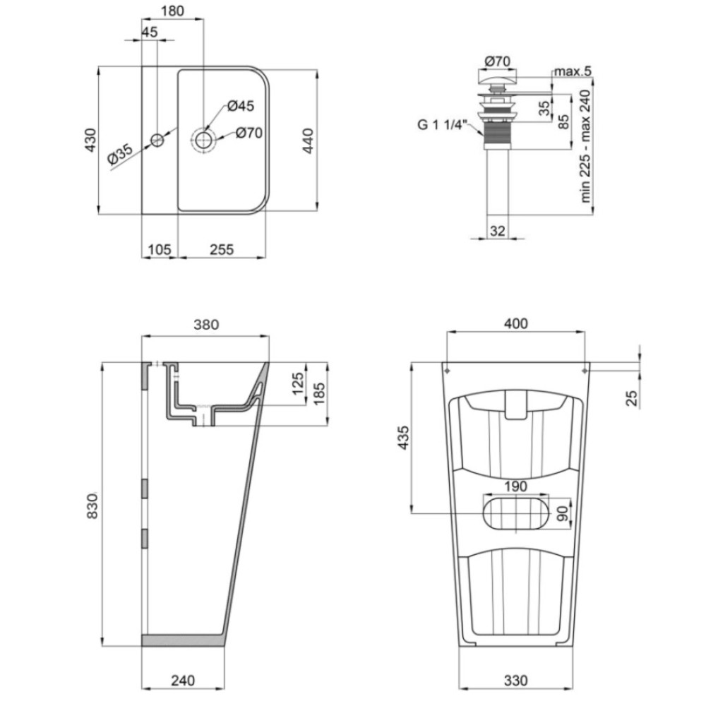 Комплект Qtap Tern: Раковина напольная моноблок 440х380х830 мм White + Донный клапан PU02O (QT1711G302WN47320)
