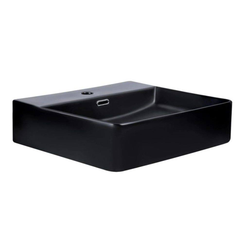 Комплект Qtap Nando LT: Раковина подвесная прямоугольная 500х420х130 мм Matt Black + Донный клапан PU03O (QT12112173SMBMBN47322)