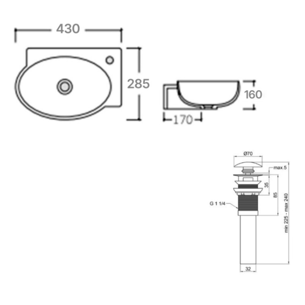 Комплект Qtap Leo: Раковина подвесная овальная левая 430x285x160 мм White + Донный клапан PU02O (QT11115011LWN47332)