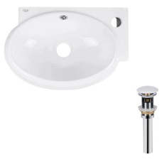 Комплект Qtap Leo: Раковина подвесная овальная правая 430x285x160 мм White + Донный клапан PU02O (QT11115011RWN47333)