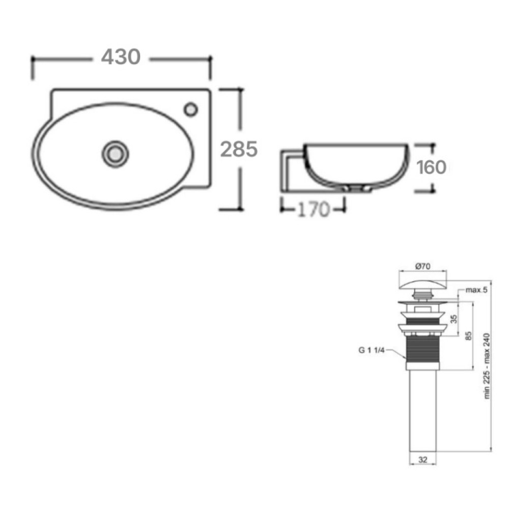 Комплект Qtap Leo: Раковина подвесная овальная правая 430x285x160 мм White + Донный клапан PU02O (QT11115011RWN47333)