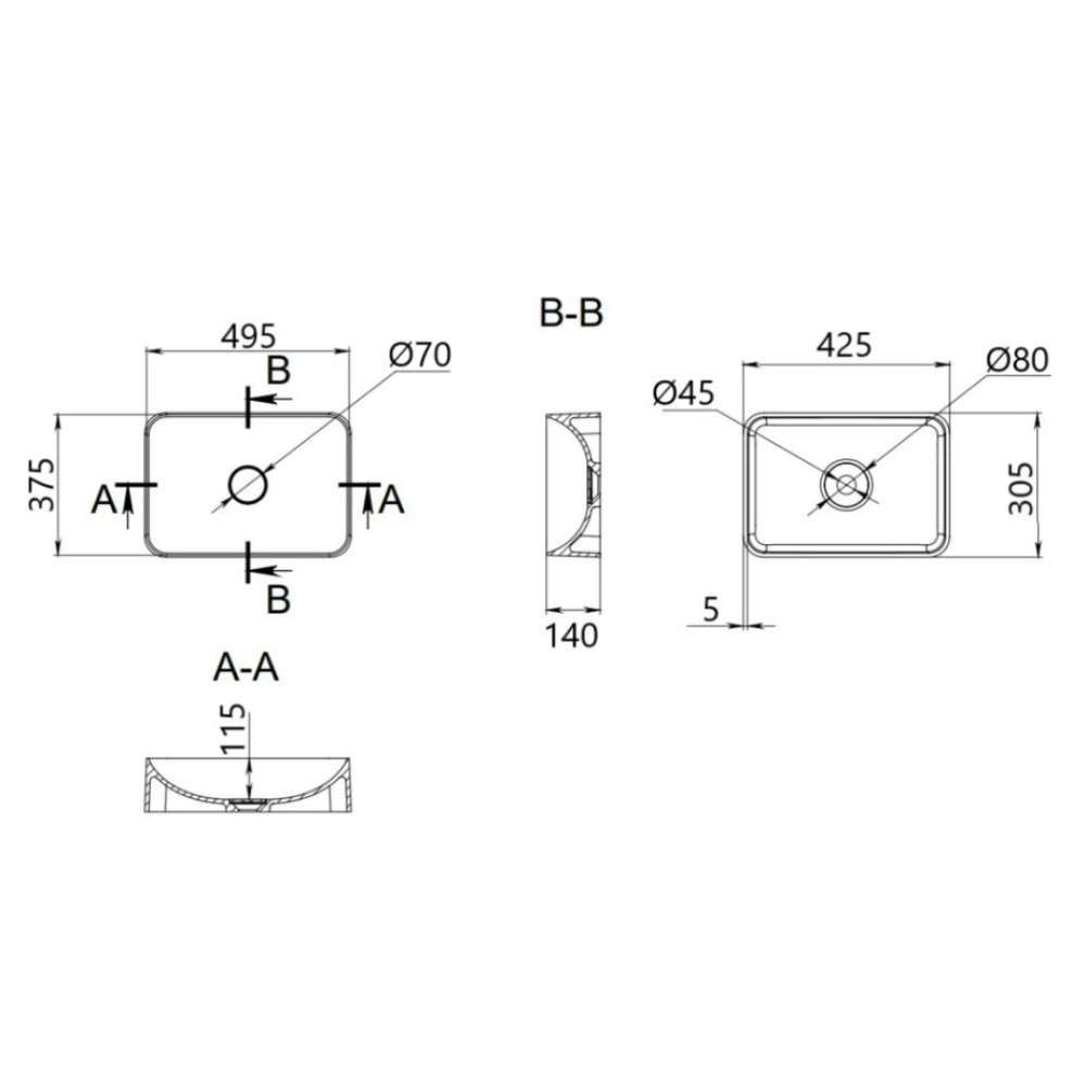 Раковина накладна Qtap Robin Anthracite, прямокутна, з донним клапаном QT04116302AN