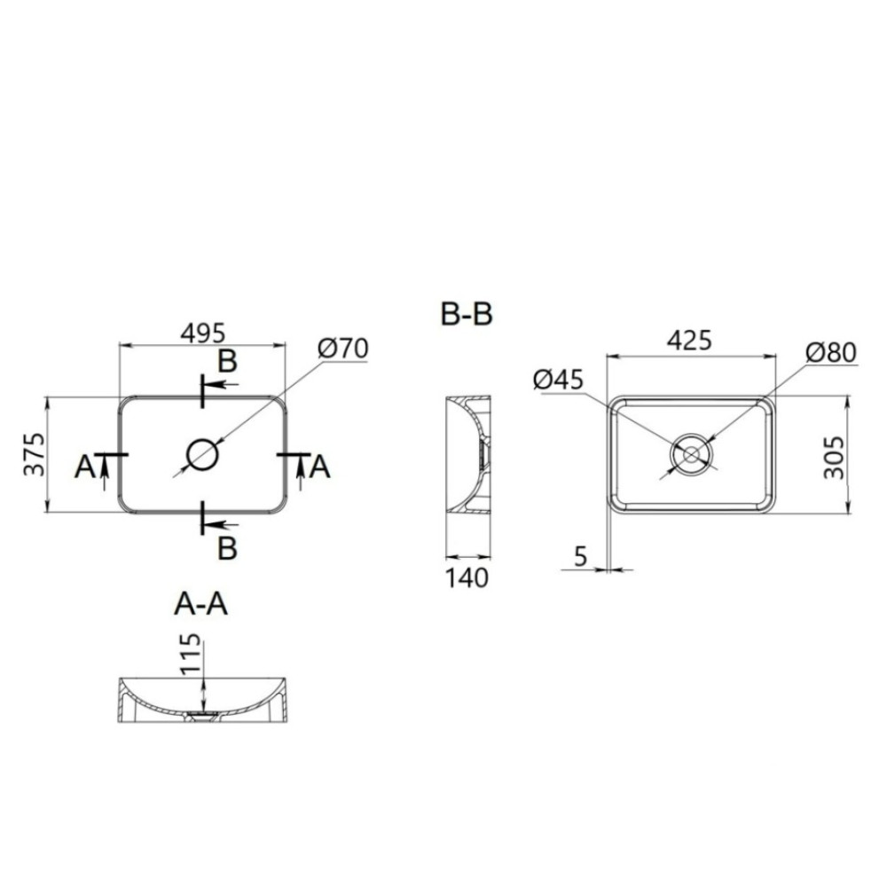 Раковина накладна Qtap Robin Stone grey, прямокутна, з донним клапаном QT04116302SG
