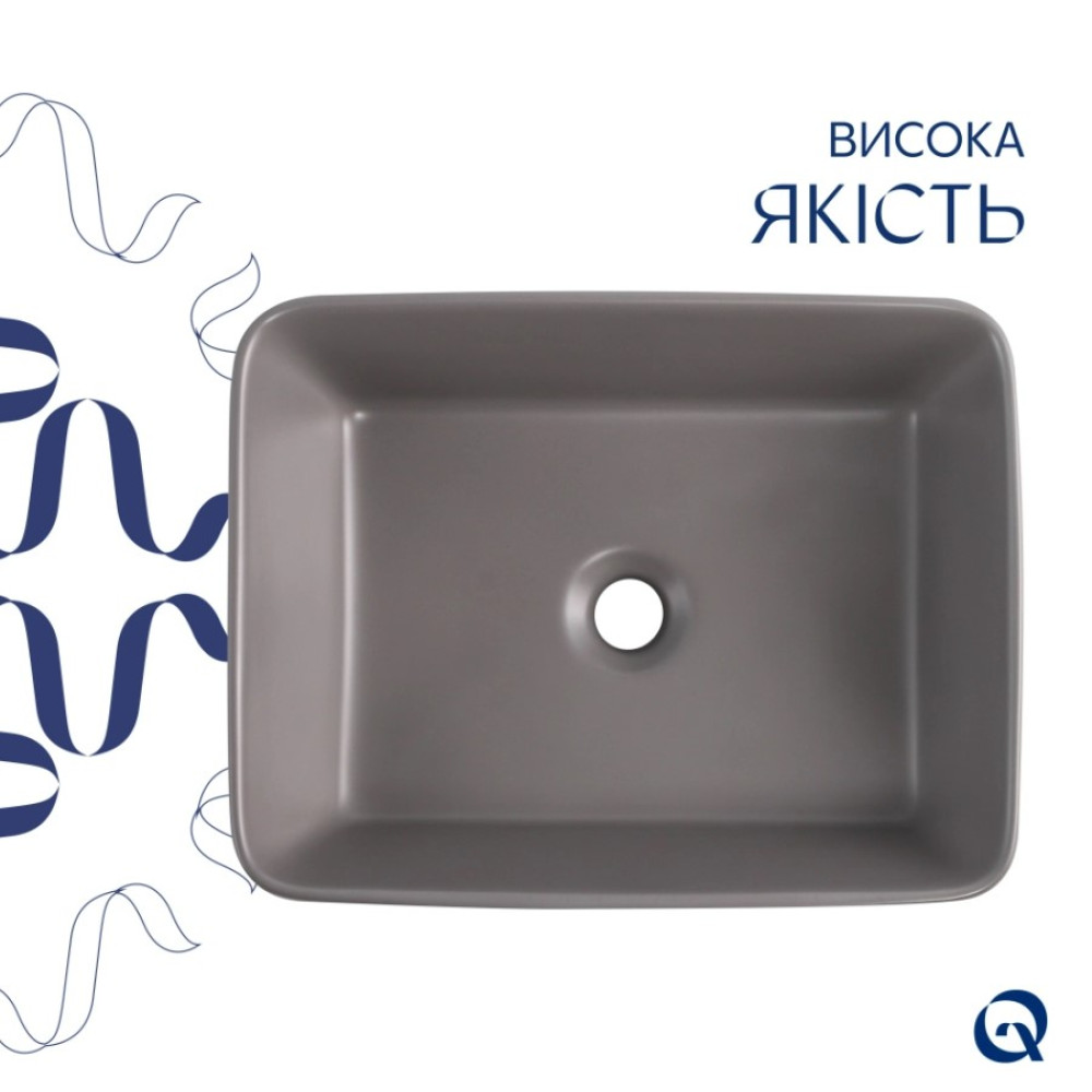 Раковина накладна Qtap Tern Stone grey, прямокутна, з донним клапаном QT17116069SG