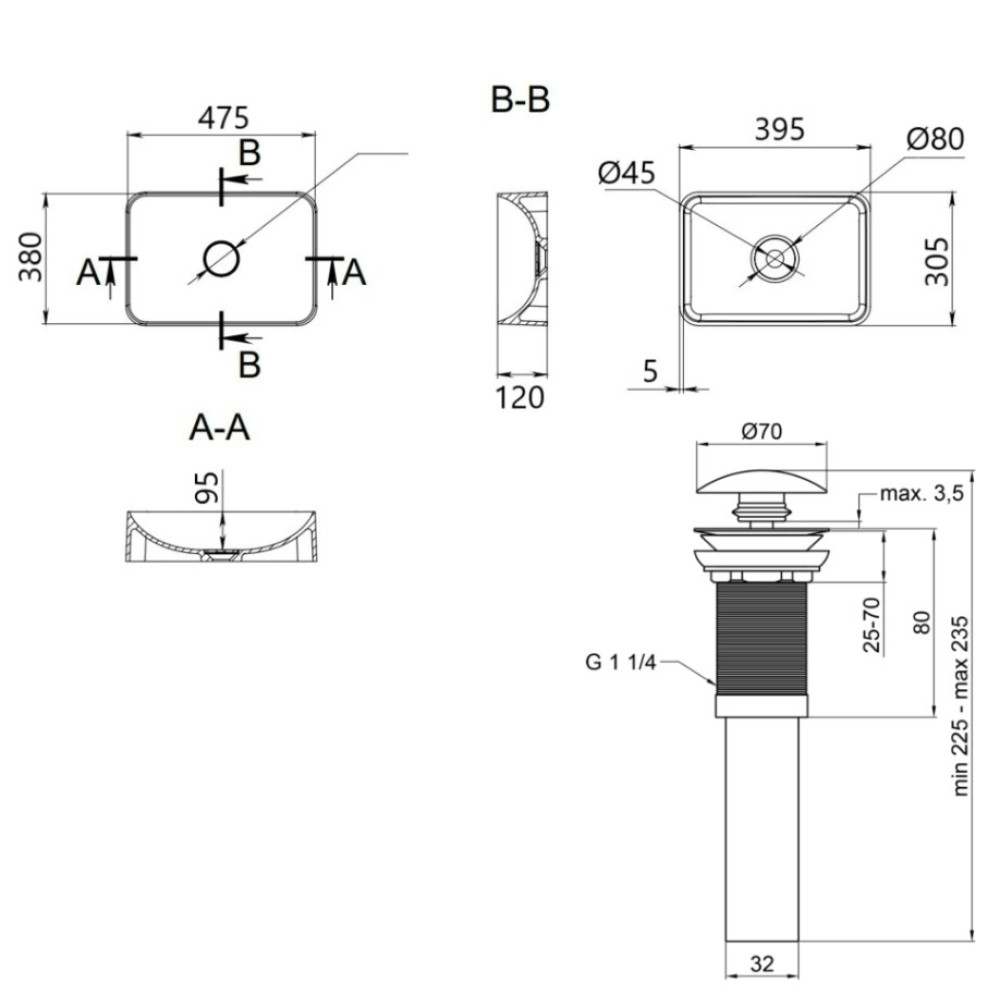 Раковина накладная Qtap Aquarius, Marble, прямоугольная, с донным клапаном QTAQA188MR49782