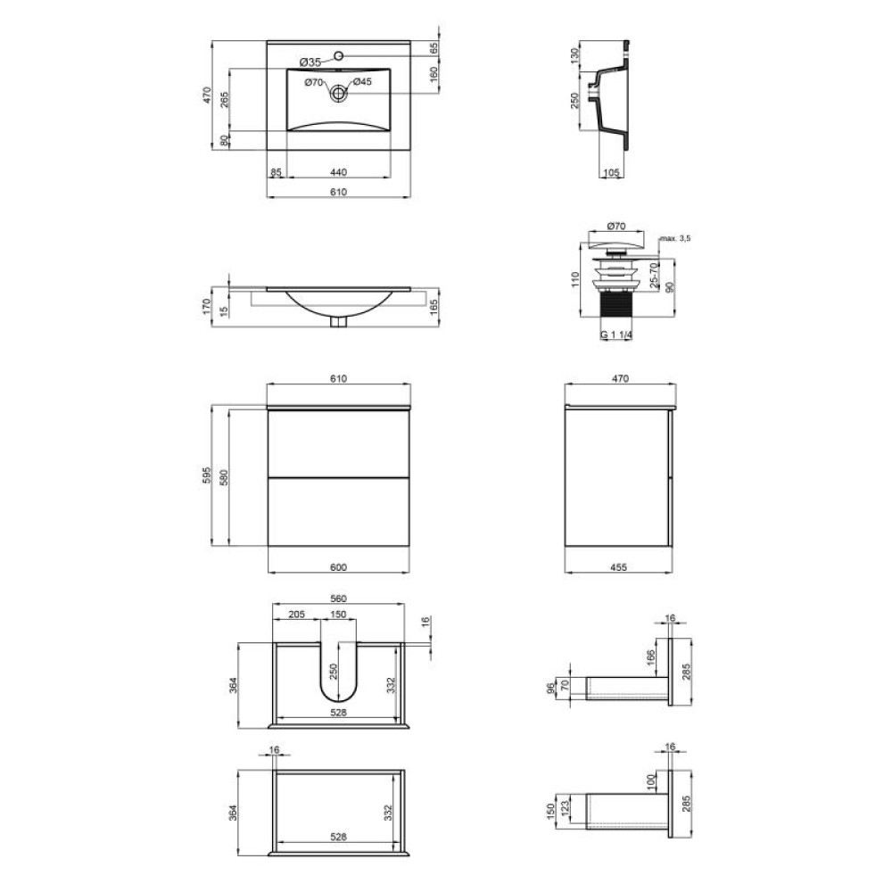 Комплект Qtap Tern Matt black тумба підвісна + раковина врізна QT1772TPL6023060CMB
