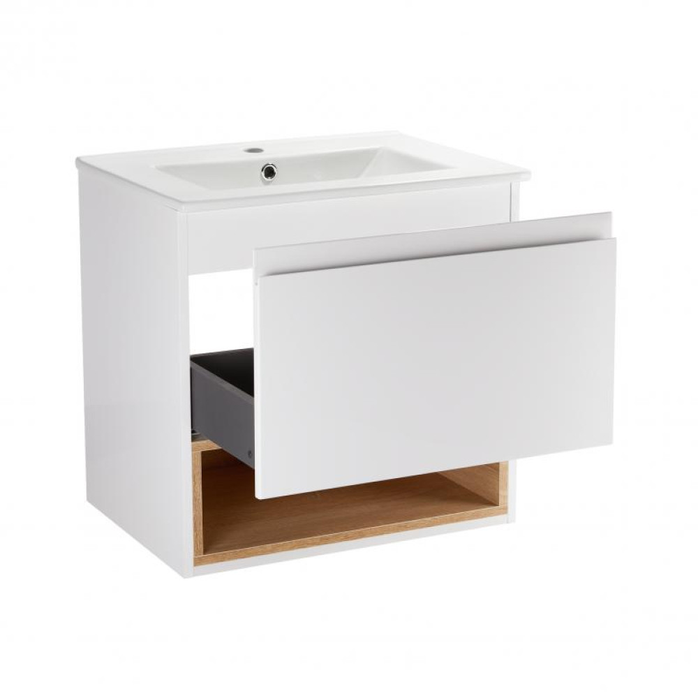 Комплект Qtap Robin 600х580х437 White / Whitish oak тумба підвісна + раковина врізна QT1372TPВ6001WWO
