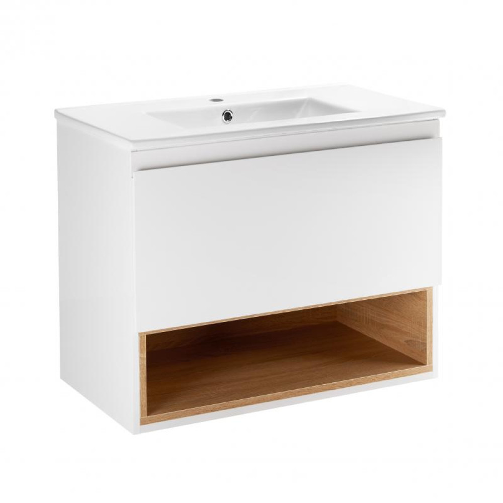 Комплект Qtap Robin 800х580х437 White / Whitish oak тумба підвісна + раковина врізна QT1372TPВ8001WWO