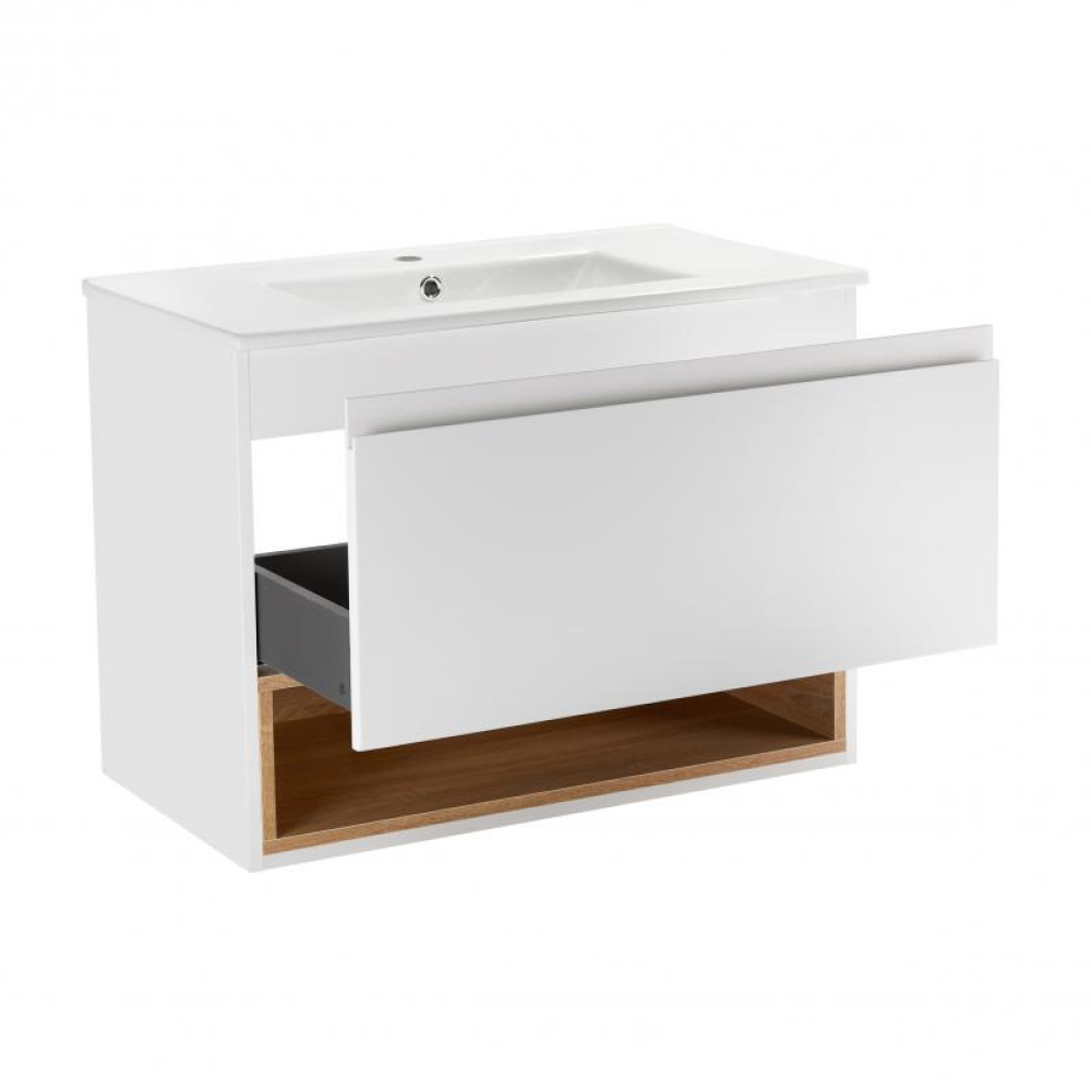 Комплект Qtap Robin 800х580х437 White / Whitish oak тумба підвісна + раковина врізна QT1372TPВ8001WWO