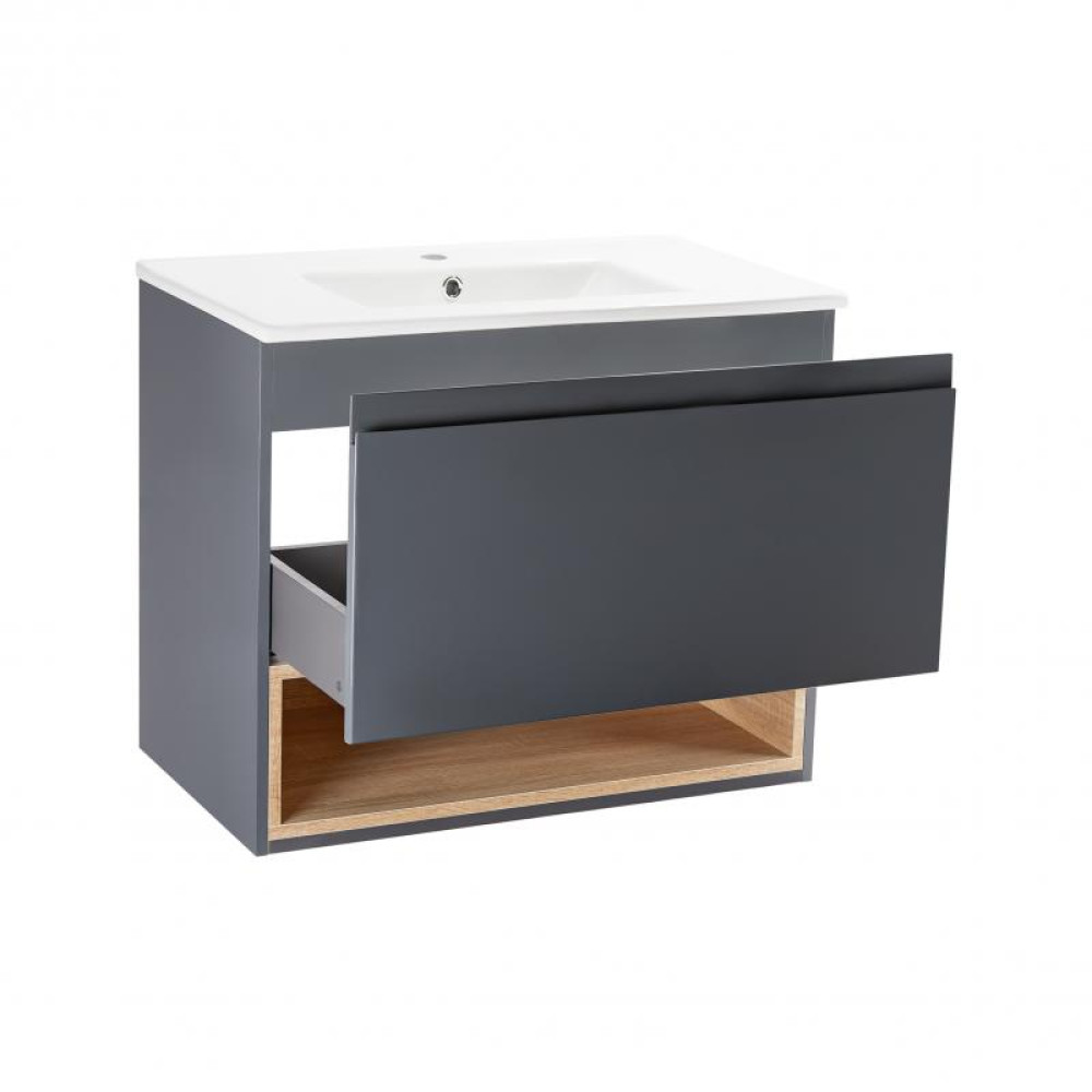 Комплект Qtap Robin 700х580х437 Graphite / Whitish oak тумба підвісна + раковина врізна QT1372TPВ7002GWO