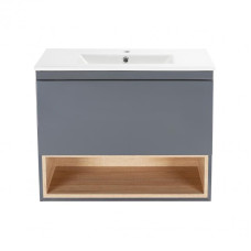 Комплект Qtap Robin 700х580х437 Graphite / Whitish oak тумба підвісна + раковина врізна QT1372TPВ7002GWO