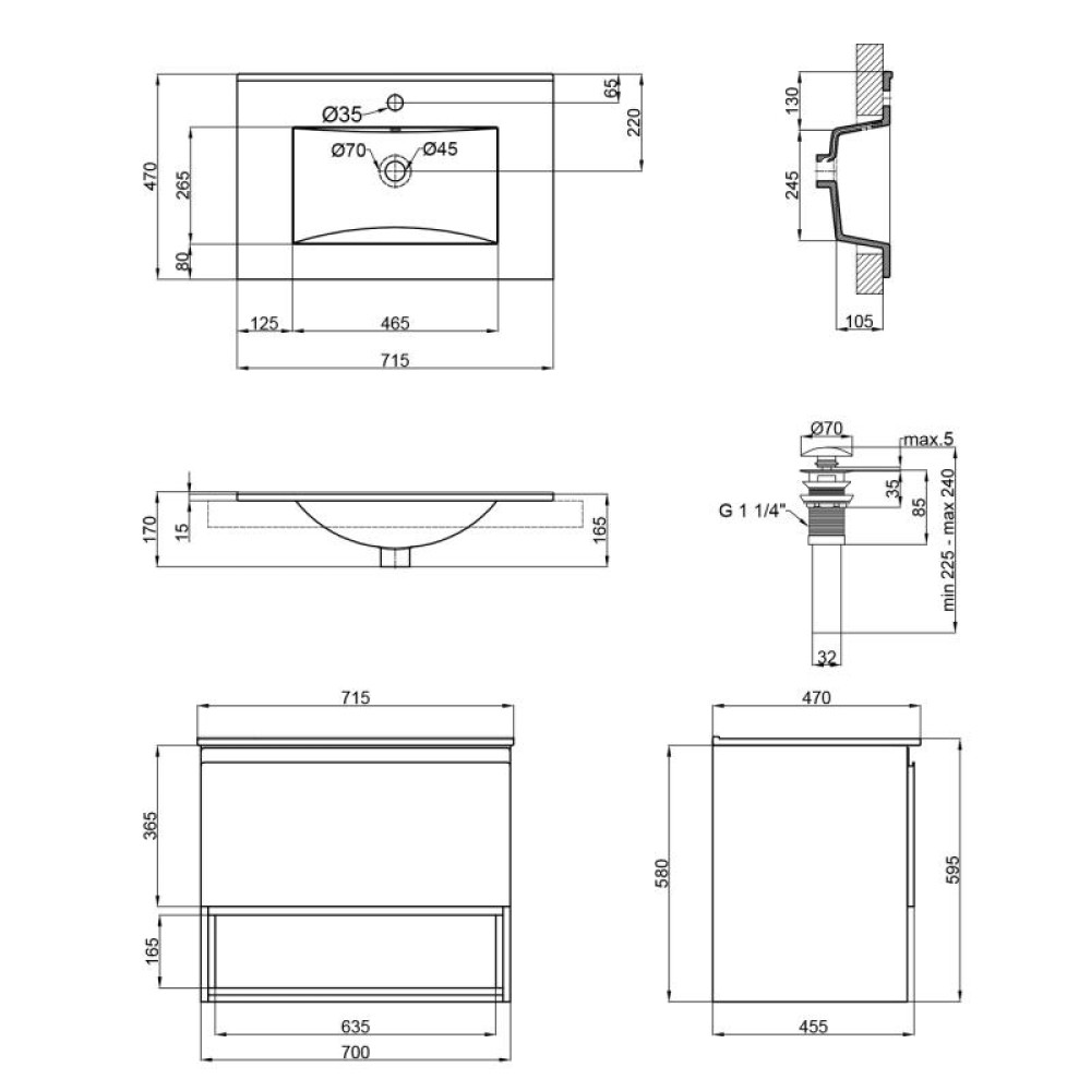Комплект Qtap Robin 700х580х437 Graphite / Whitish oak тумба підвісна + раковина врізна QT1372TPВ7002GWO