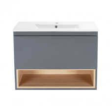 Комплект Qtap Robin 800х580х437 Graphite / Whitish oak тумба підвісна + раковина врізна QT1372TPВ8002GWO