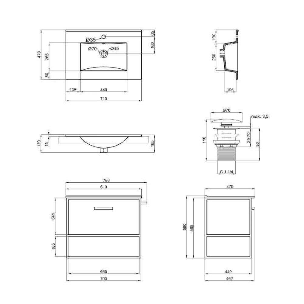 Комплект Qtap Taurus 700х580х437 White / Whitish oak тумба підвісна + раковина врізна QT2472TPT703WWO