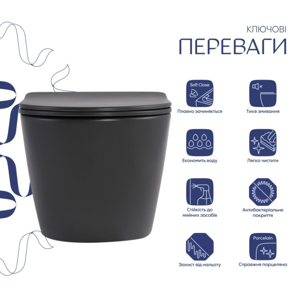 Унитаз подвесной Qtap Robin Ultra Quiet, Anthracite, с сиденьем Slim Duroplast / Soft-close / Quick Release QTROB26AN48995
