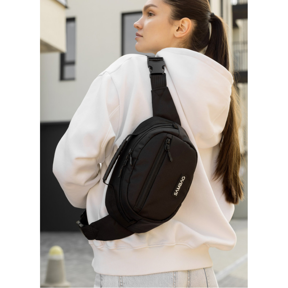 Женская сумка через плечо бананка Sambag Flex черная тканевая 30×17×15 см (85351065)